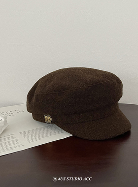 fever同款英伦复古金扣羊毛报童帽女2024秋冬季新款八角画家帽子