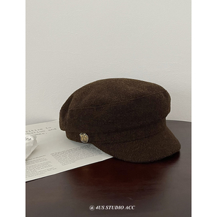 fever同款英伦复古金扣羊毛报童帽女2024秋冬季新款八角画家帽子