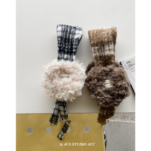 韩系氛围感复古格纹毛绒耳罩女冬季保暖绑带耳捂骑车防冻可爱耳暖