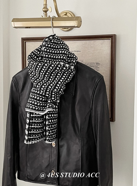 手工针织围巾女秋冬季保暖黑色条纹双面戴氛围感情侣百搭毛线围脖