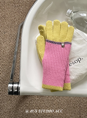 冬季保暖加厚时髦撞色设计感韩系拼色可爱露指针织毛线手套可触屏