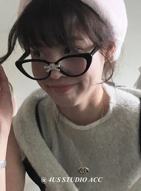 时髦街拍凹造型眼镜框女韩系甜酷辣妹黑框镶钻猫眼蝴蝶结平光镜潮
