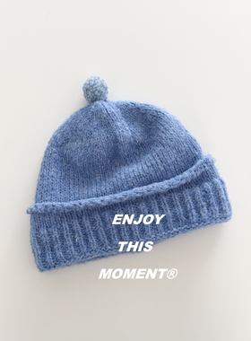 显白蓝色毛线帽女秋冬季保暖翻边小毛球俏皮可爱针织帽冷帽显脸小