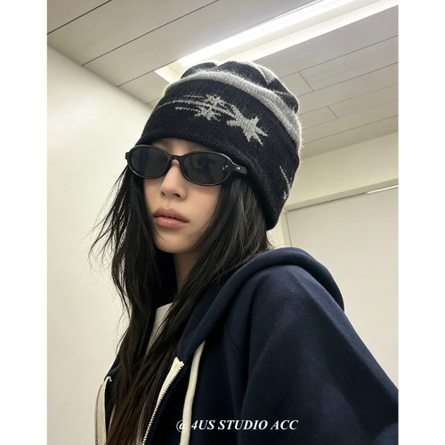美式复古费尔岛提花星星针织帽