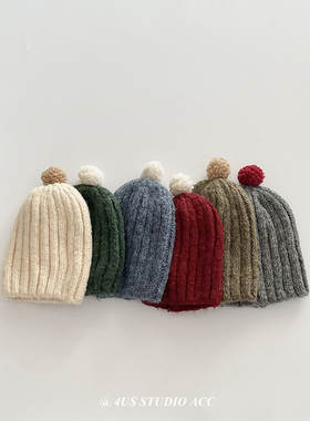 日系小众复古针织帽子女秋冬季撞色毛球保暖护耳毛线帽套头冷帽潮