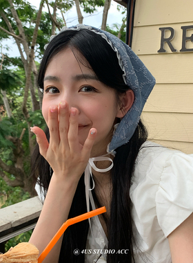 韩版甜美可爱星星牛仔蓝头巾女春夏季沙滩度假蕾丝花边三角巾头带