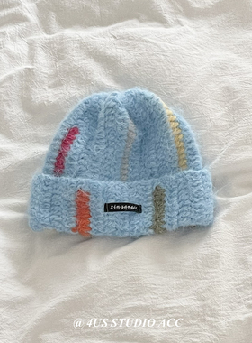 毛线帽女冬季保暖护耳针织帽手工钩织撞色冷帽显脸小大头围套头帽