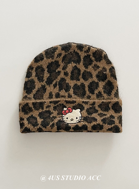 复古豹纹kt猫刺绣毛线帽女秋冬季护耳保暖冷帽包头针织帽子显脸小