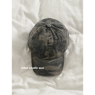小众复古迷彩战术棒球帽女情侣街头潮牌弯檐软顶鸭舌帽男显脸小