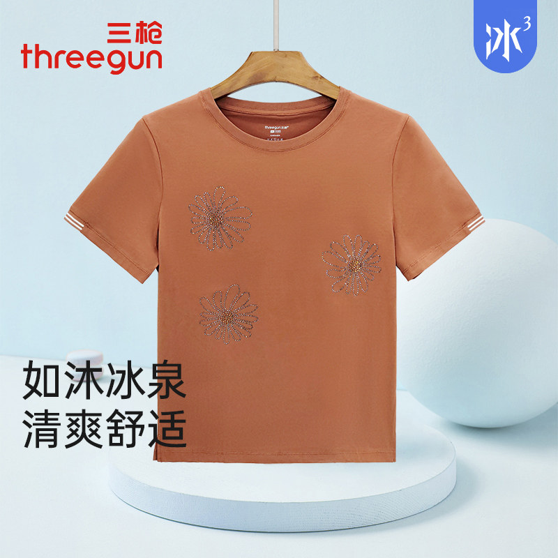 三枪t恤女夏季新品凉感印花冰泉棉圆领短袖汗衫抗菌防紫外线女衫