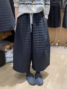 宽松百搭纯色棉裤 冬季 华夫格 夹棉松紧腰八分裤 日系小方格阔腿裙裤