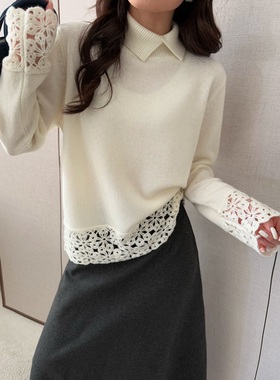 半高领翻领拼接袖口钩花毛衣女羊毛柔软显瘦修身内搭打底针织衫