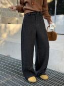 女2025冬季 新款 高腰显瘦宽松阔腿裤 韩货微弯刀裤 休闲直筒羊毛裤