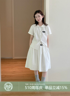 艾上朵女童miu系学院风短袖衬衫2026春季新款白色a字半身裙套装潮