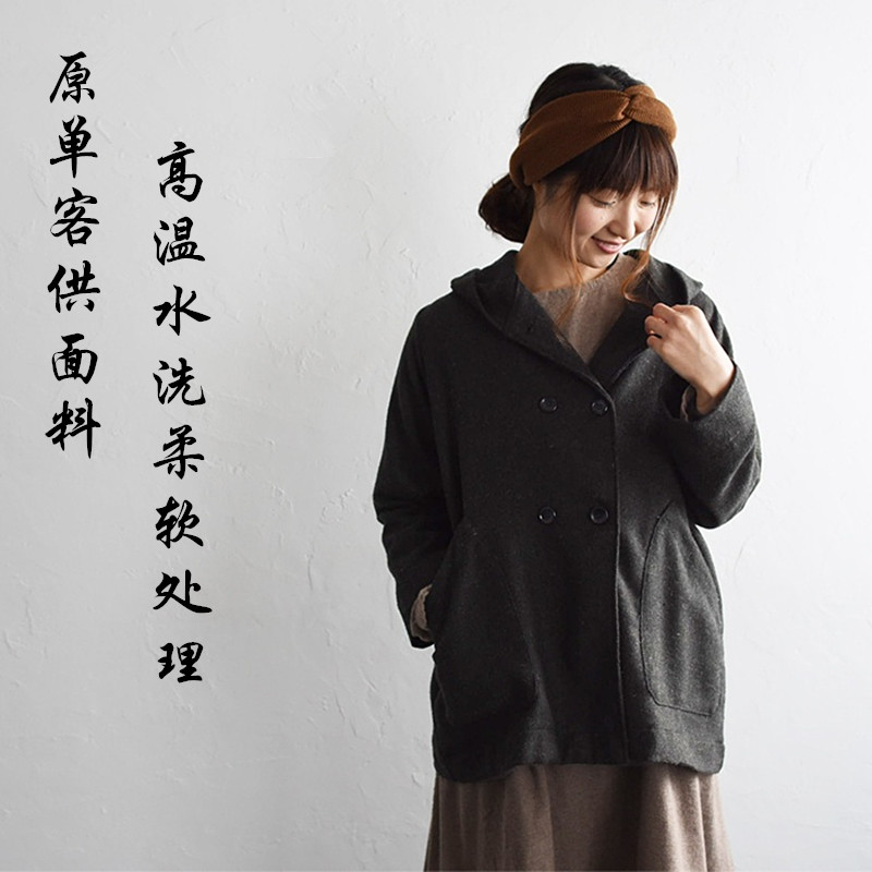 外贸毛呢女中长款加厚长袖连帽上衣休闲百搭外衣色系日韩单毛外套