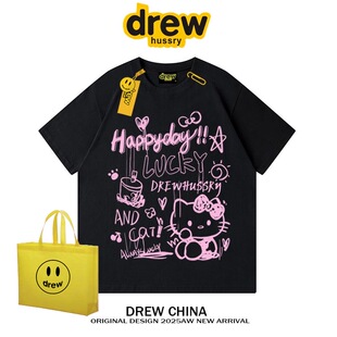 复古卡通印花短袖 半袖 t恤男女同款 新款 潮牌 情侣宽松夏季 drew美式