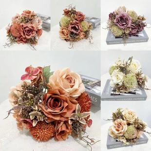 北欧绣球芬芳玫瑰花束婚礼新娘手捧假花家居客厅插花装饰摄影道具