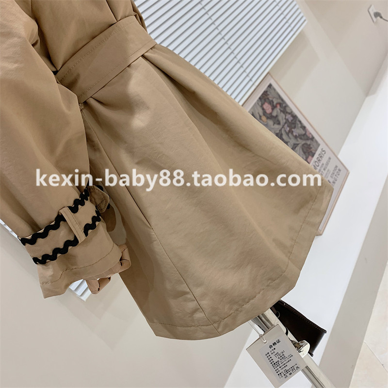 브랜드 아동복 2021 가을 여아 프렌치 스플라이싱 라펠 숄 스타일 더블 브레스트 레이스업 중간 길이 윈드 브레이커 재킷