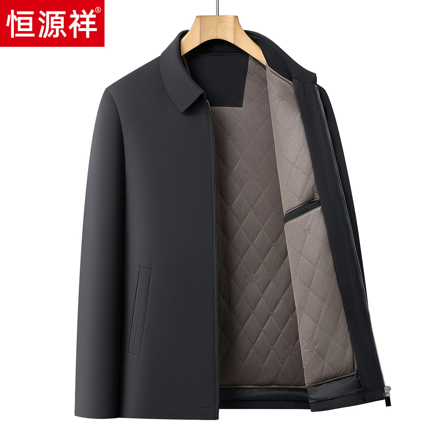 恒源祥冬季中年男士棉服轻薄款棉衣翻领棉袄休闲夹克爸爸冬装外套