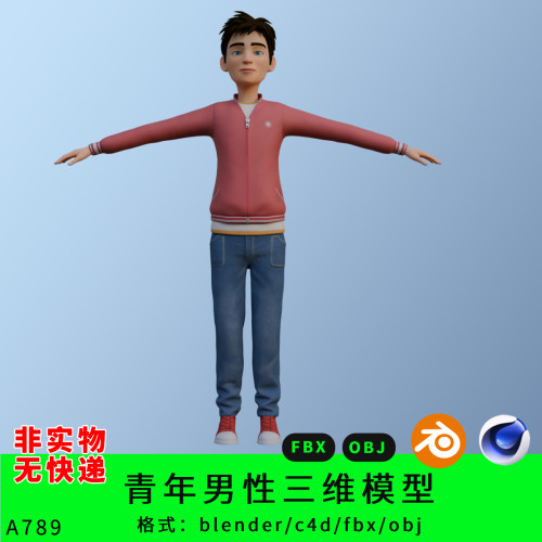 卡通青年男性三维模型3d素材blender/c4d/fbx/obj少年人物角色