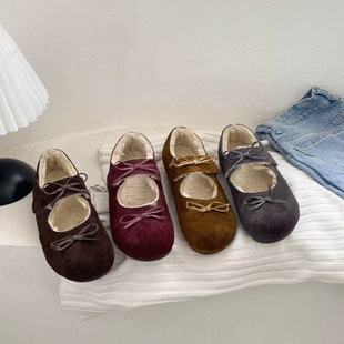 TOMBOR秋冬新款加绒真皮复古温柔可爱毛毛鞋保暖豆豆鞋芭蕾风单鞋