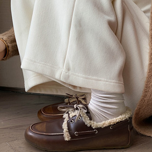 通宝正品做旧复古乐福女鞋冬季新款系带圆头小皮鞋平底羊毛内里鞋