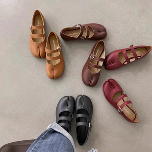 通宝原创复古M猪蹄鞋真皮分趾鞋玛丽珍鞋双带百搭平搭平底单鞋