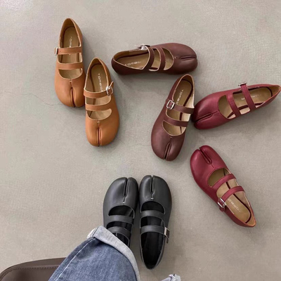 通宝原创复古M猪蹄鞋真皮分趾鞋玛丽珍鞋双带百搭平搭平底单鞋