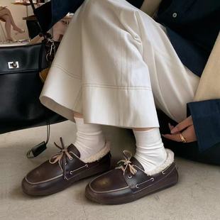 休闲冬季羊皮毛一体加绒乐福鞋女2025新款系带平底真皮保暖豆豆鞋