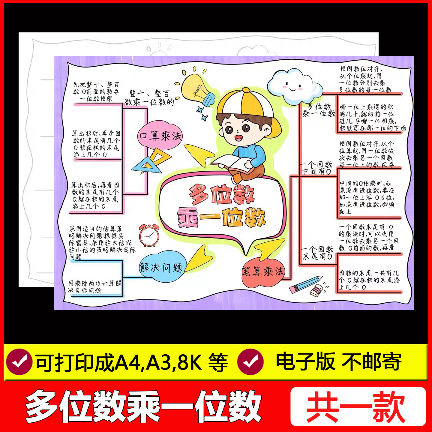 多位数乘一位数思维导图手抄报三年级上册数学第四单元模版电子版