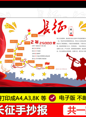 长征路线图传承红色基因革命精神童心向党绘画手抄报线稿小报素材