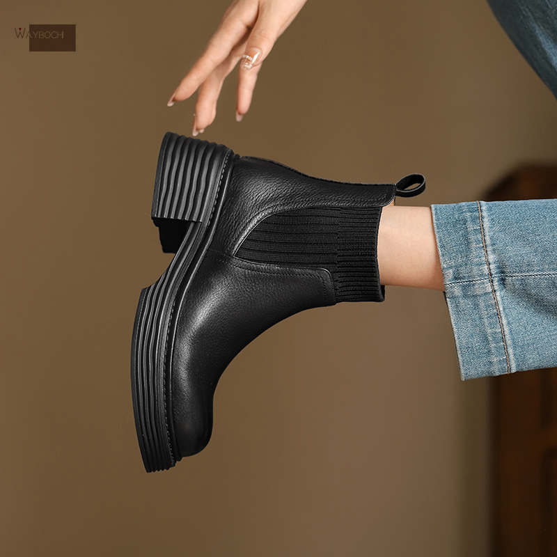 真皮厚底防水台切尔西毛线筒短靴