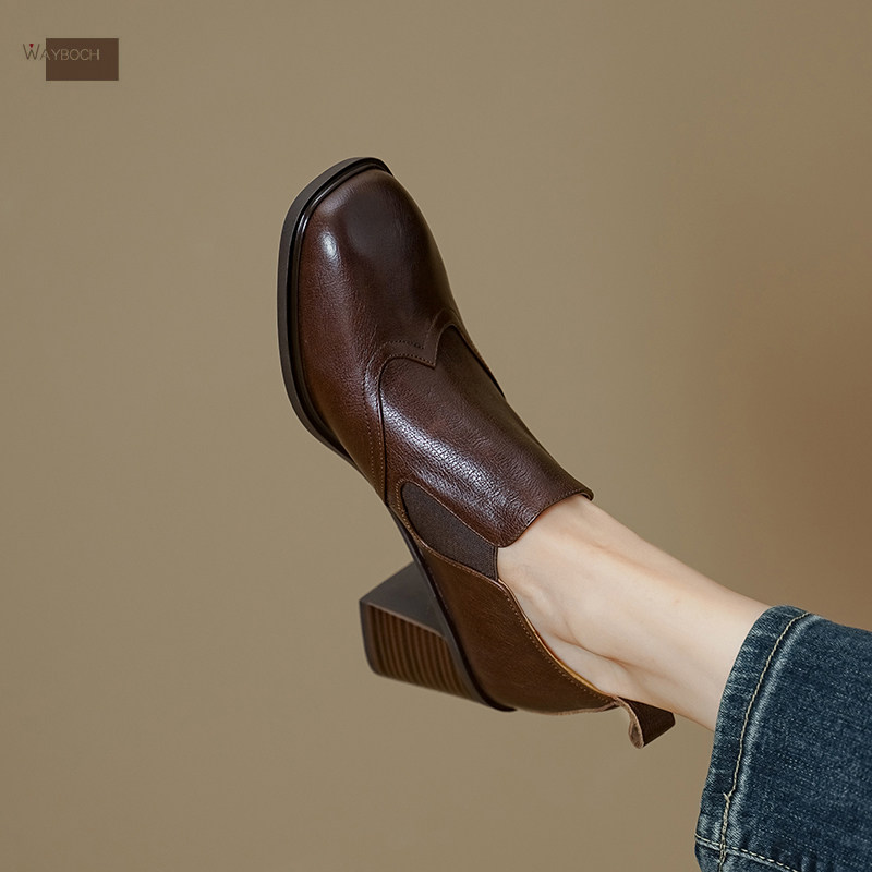 玮保/真皮复古方头一脚蹬深口单鞋女 2025新款软粗跟高跟鞋工作鞋,女鞋,深口单鞋,淘宝优惠券,粉丝福利购,淘宝优惠卷