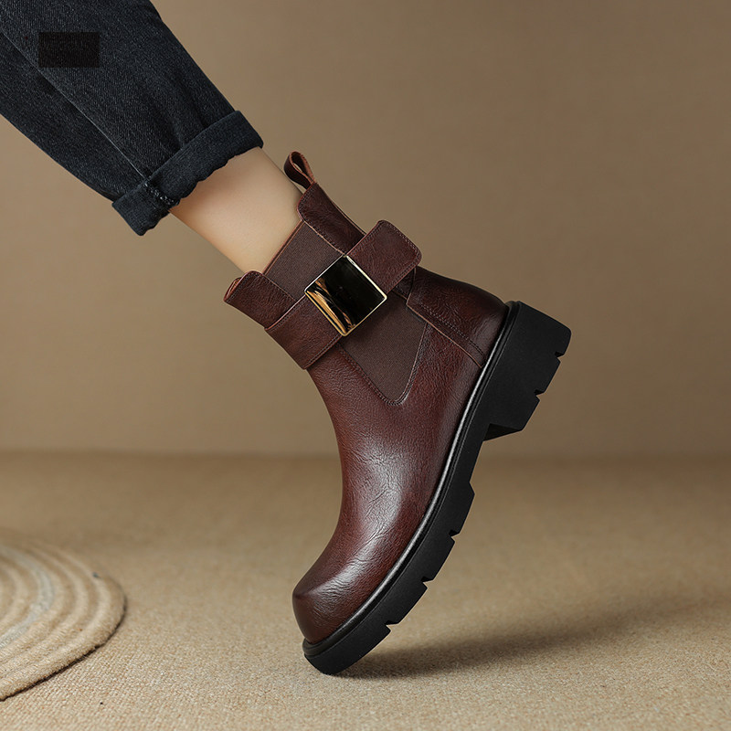 帅气皮扣里外纯皮切尔西烟筒短靴