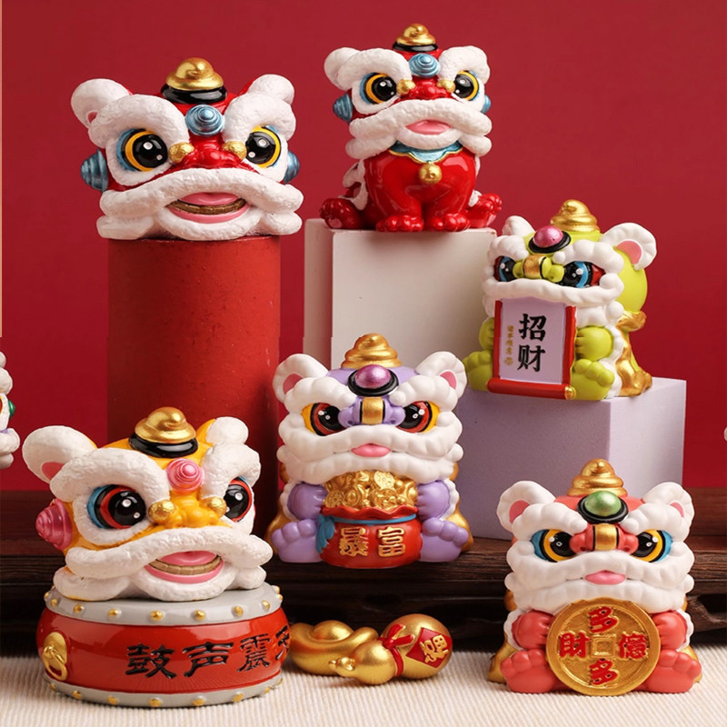 创意车载醒狮摆件中控台车饰用品可爱舞狮办公桌桌面工位鼓舞士气