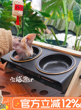 宅猫酱 陶瓷猫碗实木增高架双碗大口径猫食盆可调节防打翻猫用品
