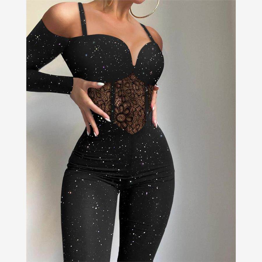Glitter Cold Shoulder Contrast Lace Corset Jumpsuit连衣裤女
