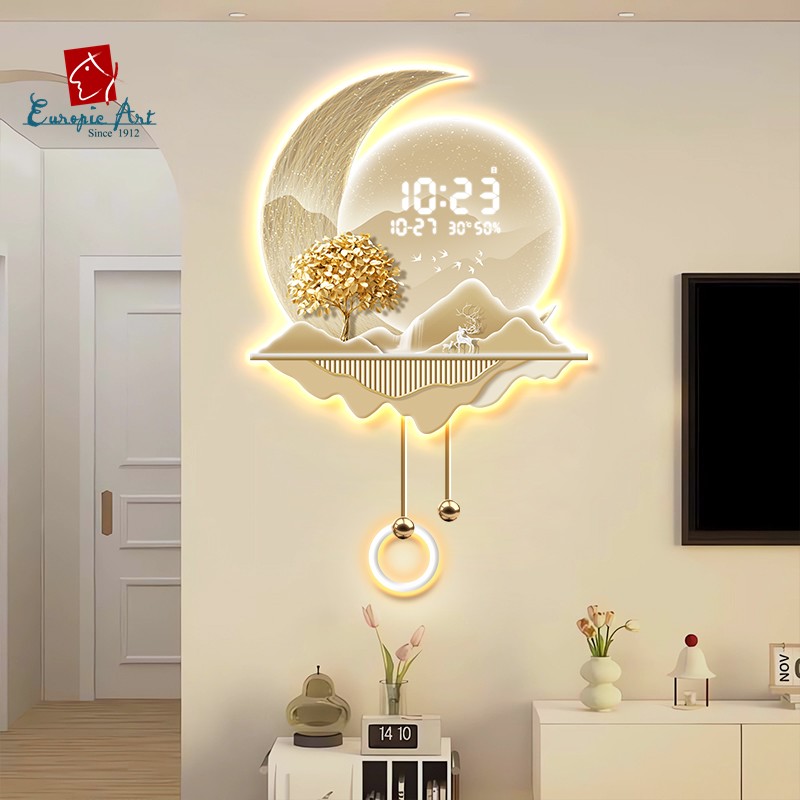 法式奶油客厅挂画2025新款高端月亮万年历电子数显背景墙发光壁画