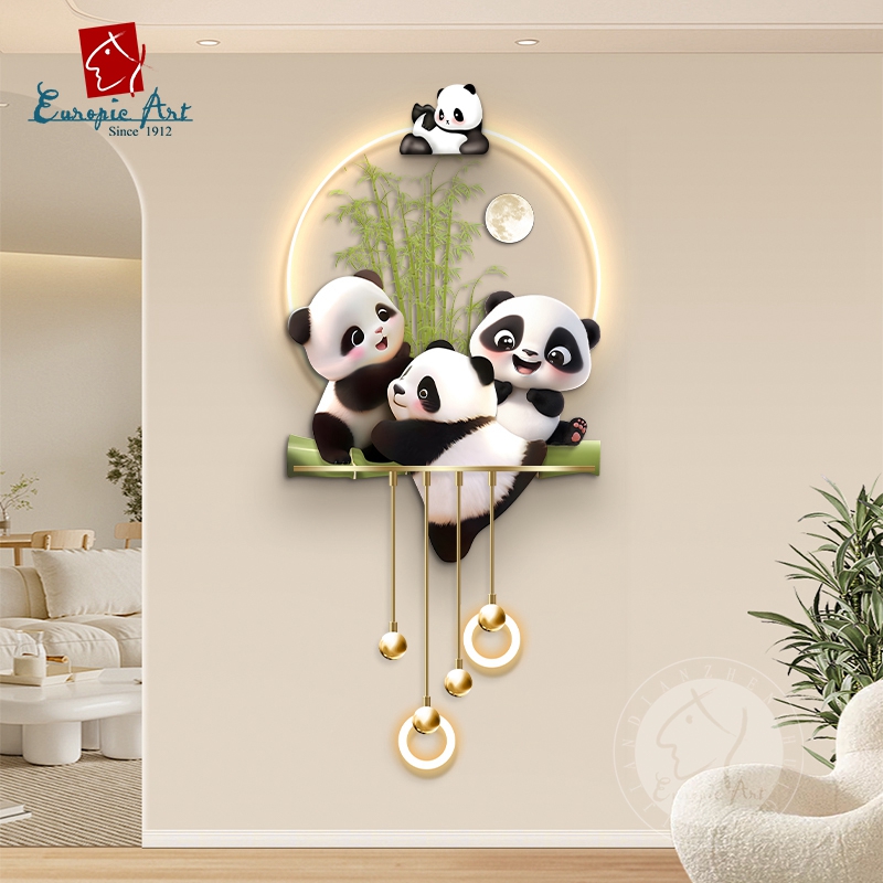 奶油风熊猫玄关装饰画 画走廊过道挂画 画高级感入户门正对墙大气