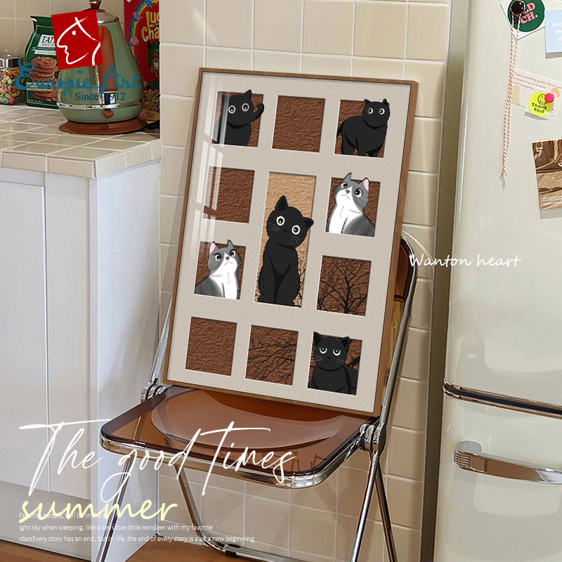 现代客厅装饰画表情猫咪玄关网红壁画艺术侘寂风复古落地画挂画