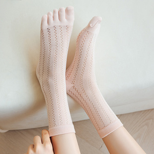 夏季薄款网眼镂空透气五指袜子女纯色简约百搭吸汗分趾袜中筒袜