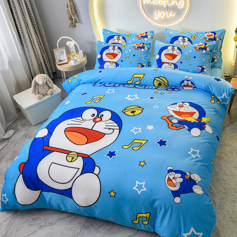 牛奶绒四件套冬季加厚珊瑚绒被罩儿童男孩机器猫宿舍单人学生被单