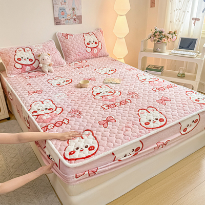 夹棉床笠款儿童女孩可爱兔子加厚保暖牛奶绒保护罩防滑床垫保护套