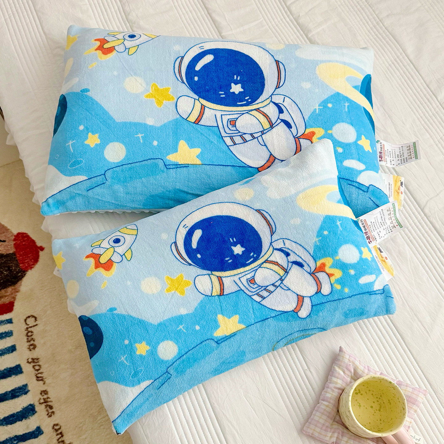冬季珊瑚绒小宝宝枕头套单个30x50儿童男孩宇航员加绒枕套幼儿园