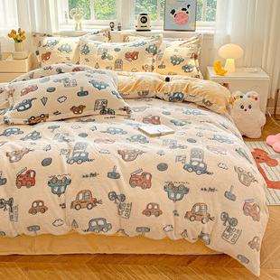 卡通加厚牛奶绒被罩小汽车珊瑚绒绒儿童男孩男童加绒被套三四件套