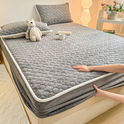 牛奶绒床笠夹棉床套罩加绒秋冬季加厚床垫纯色灰色毛绒防滑三件套