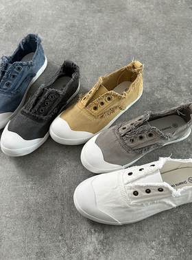 韩国帆布鞋一脚蹬懒人松紧带软底透气防滑底西班牙女鞋毛边开车穿