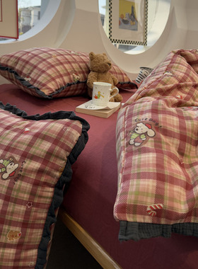 A类母婴级红色格子皱皱纱花边双层纱少女心四件套1.8m1.5米三件套