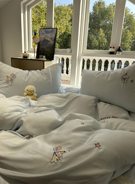 ins风60s天丝刺绣晚安兔浅蓝色四件套1.5m1.8m莱赛尔纤维丝滑裸睡