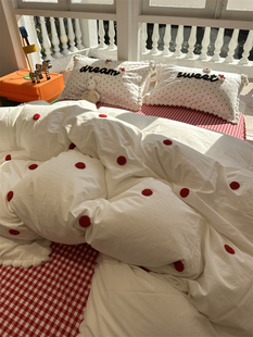 少女心红波点水洗棉毛巾绣豆豆边四件套1.5m1.8全棉床单被套公寓